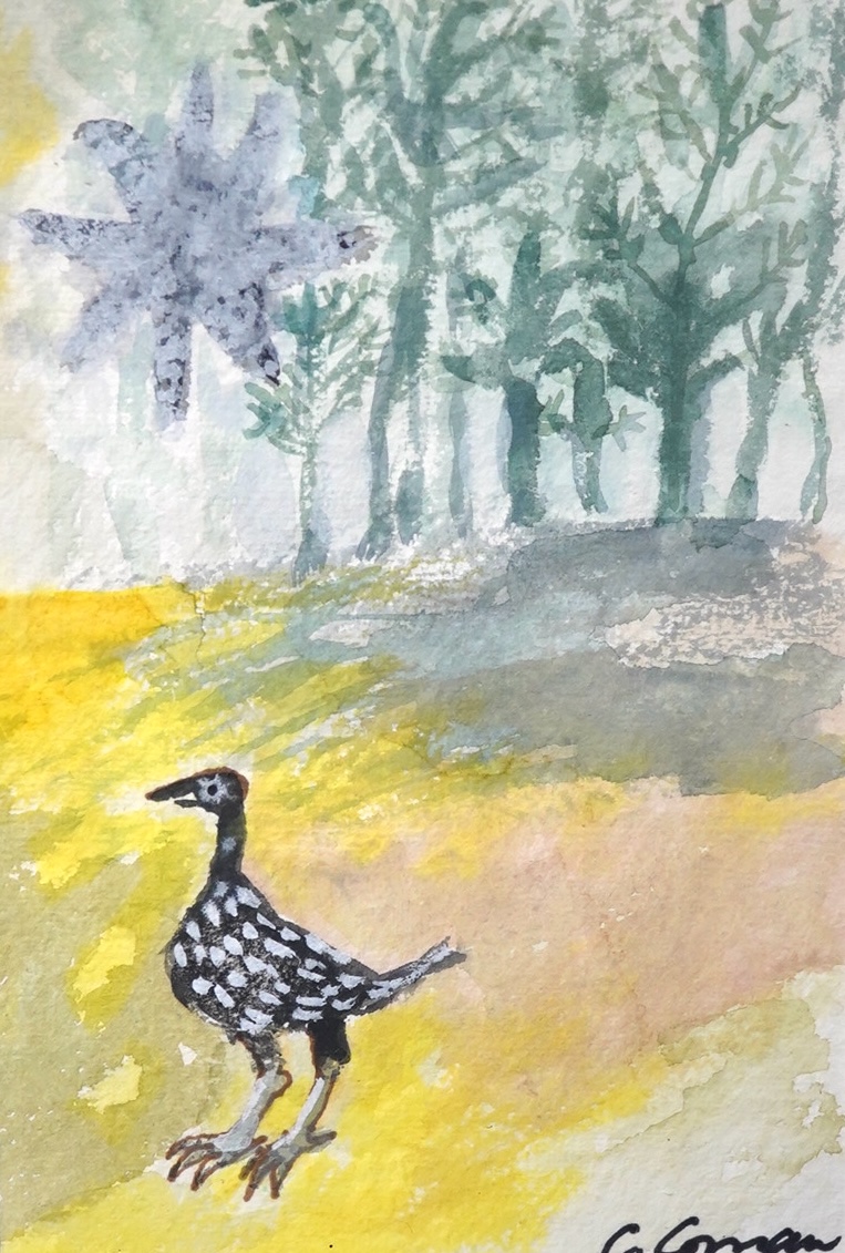 Caroline Conran (b.1939), pair of watercolours, Birds before landscapes, 20 x 14cm. Condition - good